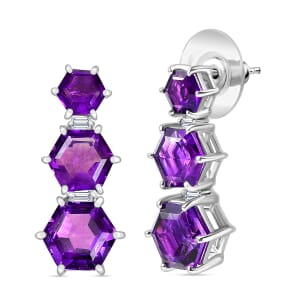 African Amethyst and Moissanite 11.75 ctw Honeycomb Earrings in Rhodium Over Sterling Silver