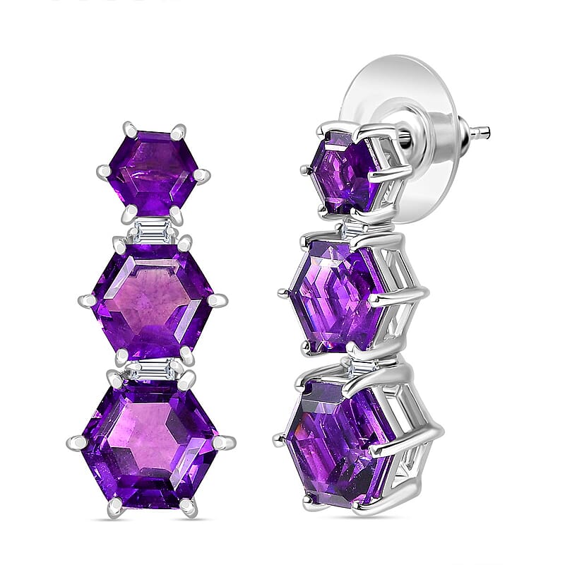 D'Joy African Amethyst and Moissanite 11.75 ctw Honeycomb Earrings in Rhodium Over Sterling Silver