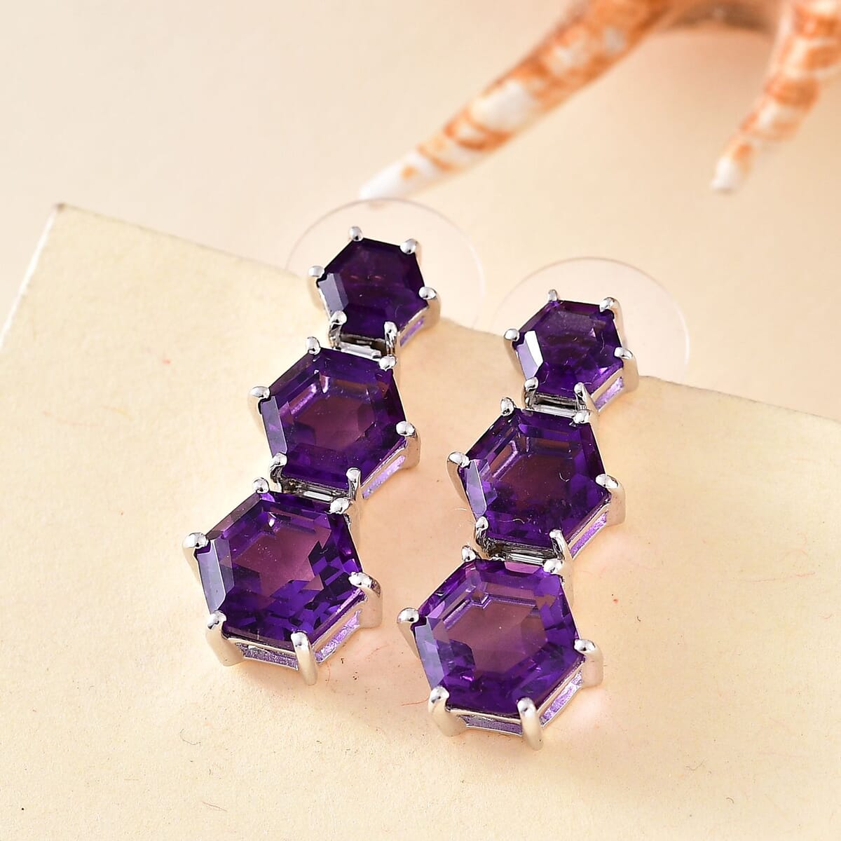 African Amethyst and Moissanite 11.75 ctw Honeycomb Earrings in Rhodium Over Sterling Silver image number 1