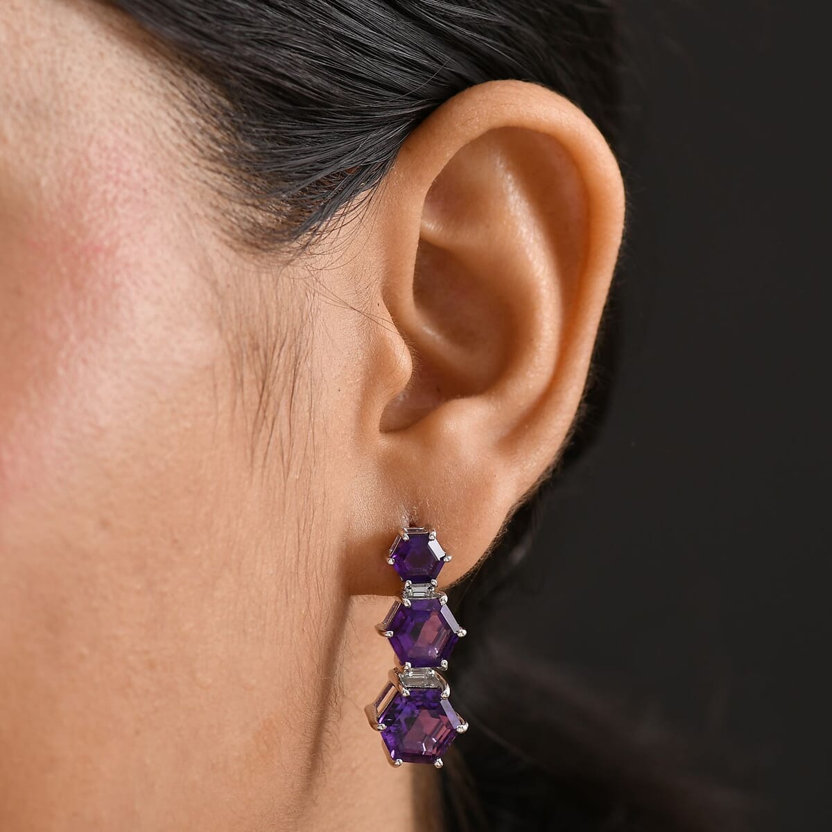 African Amethyst and Moissanite 11.75 ctw Honeycomb Earrings in Rhodium Over Sterling Silver image number 2