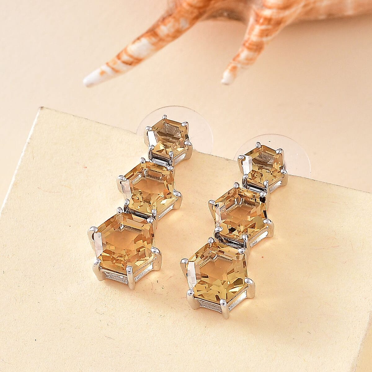 Brazilian Citrine and Moissanite 12.90 ctw Honeycomb Earrings in Rhodium Over Sterling Silver image number 1