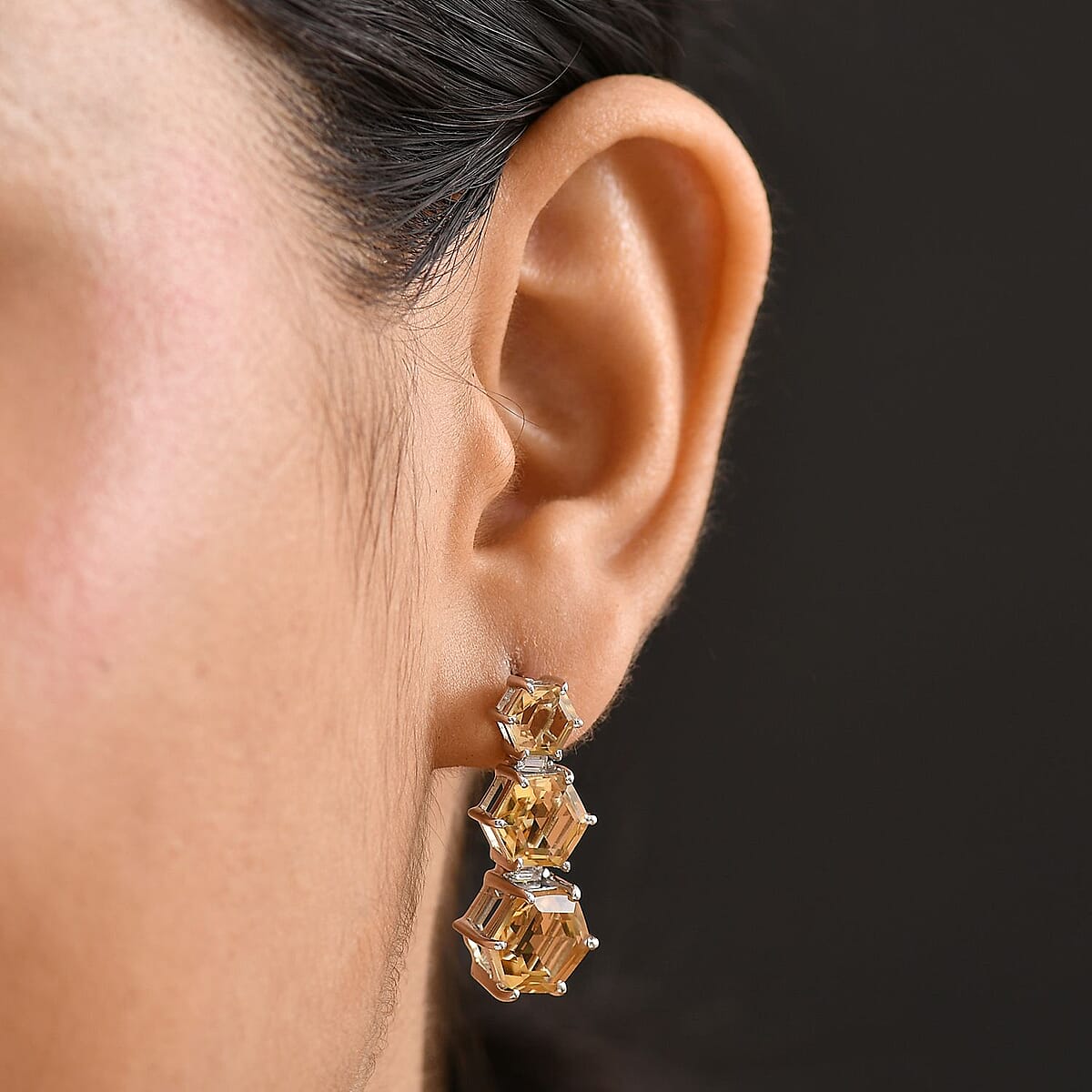 Brazilian Citrine and Moissanite 12.90 ctw Honeycomb Earrings in Rhodium Over Sterling Silver image number 2