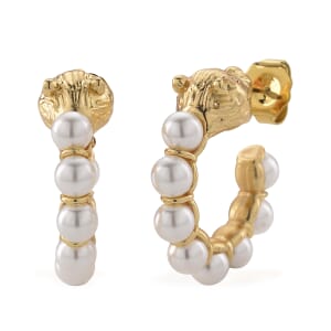 White Shell Pearl Half Hoop Earrings with Leopard Lock in Goldtone