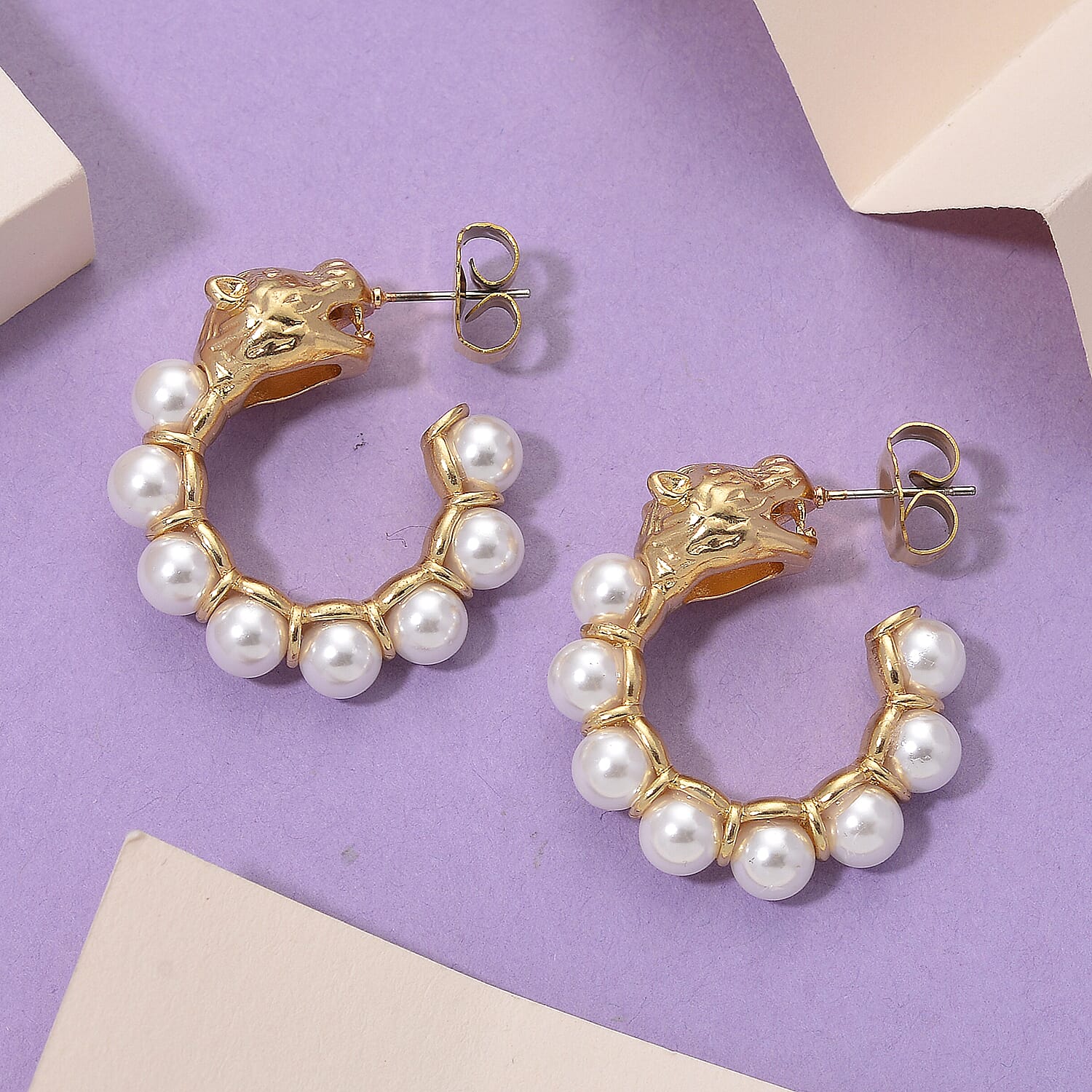 White Shell Pearl Half Hoop Earrings with Leopard Lock in Goldtone