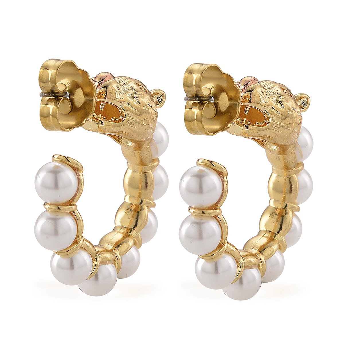White Shell Pearl Half Hoop Earrings with Leopard Lock in Goldtone