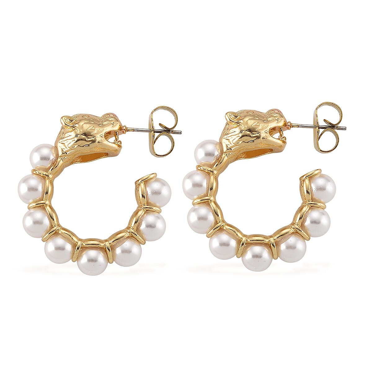 White Shell Pearl Half Hoop Earrings with Leopard Lock in Goldtone