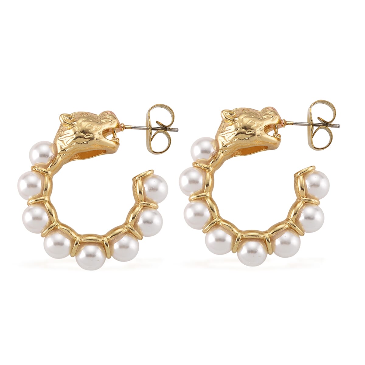 White Shell Pearl Half Hoop Earrings with Leopard Lock in Goldtone image number 3