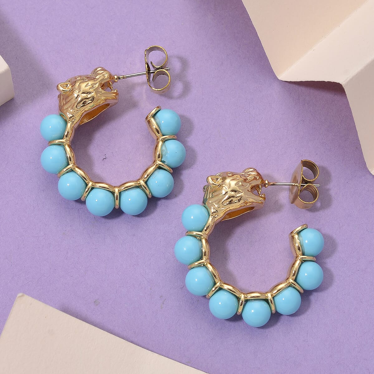 Sleeping Beauty Color Shell Pearl Half Hoop Earrings with Leopard Lock in Goldtone image number 1