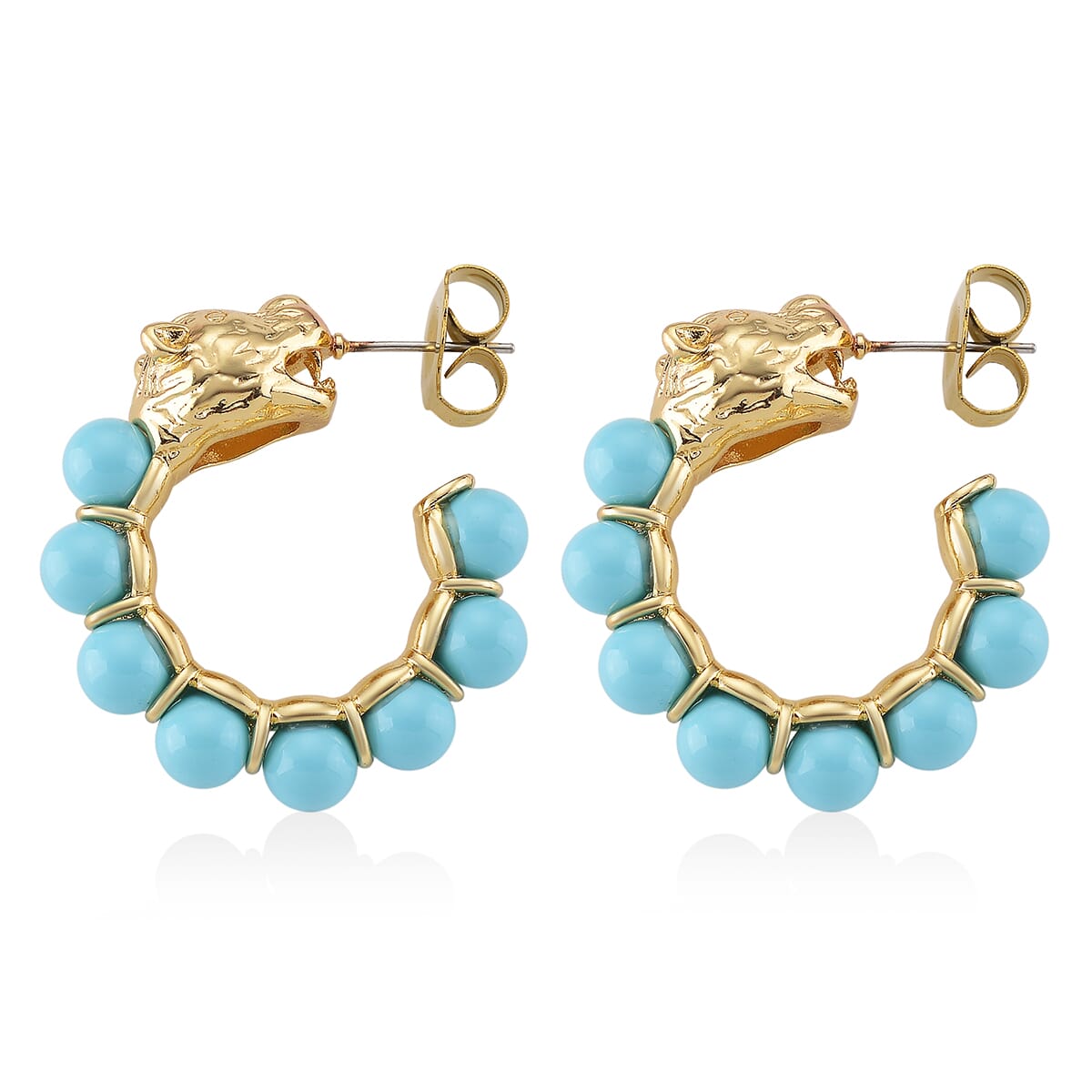 Sleeping Beauty Color Shell Pearl Half Hoop Earrings with Leopard Lock in Goldtone image number 3