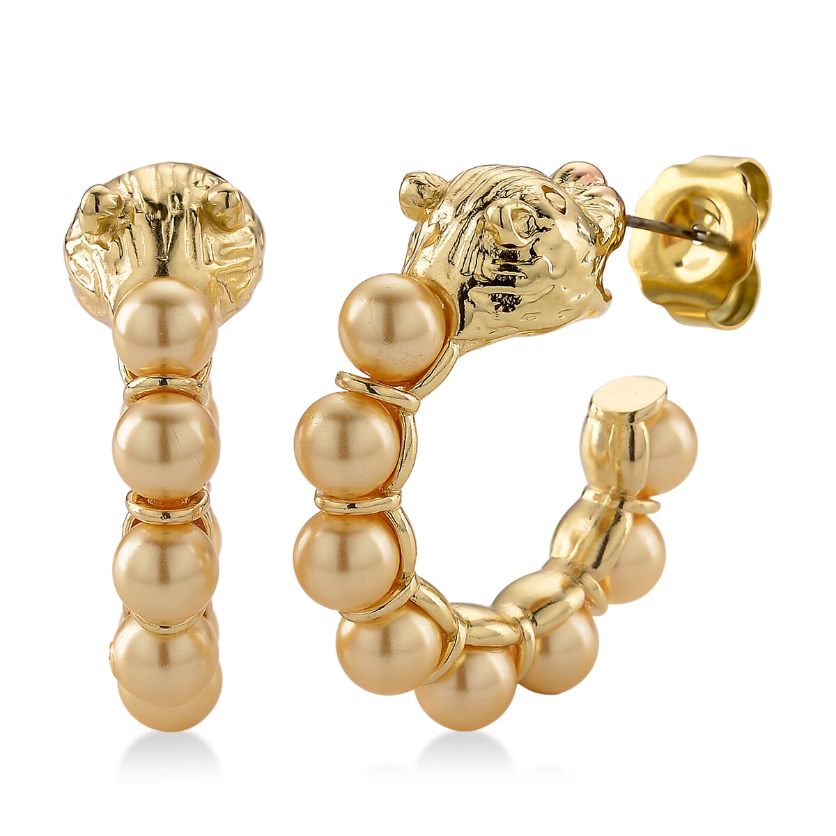 Golden Shell Pearl Half Hoop Earrings with Leopard Lock in Goldtone image number 0