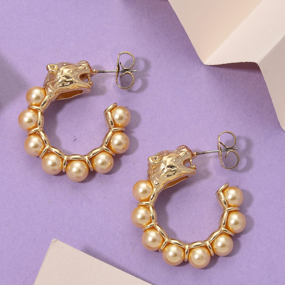 Golden Shell Pearl Half Hoop Earrings with Leopard Lock in Goldtone image number 1