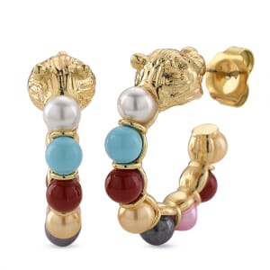 Multi Color Shell Pearl Half Hoop Earrings with Leopard Lock in Goldtone