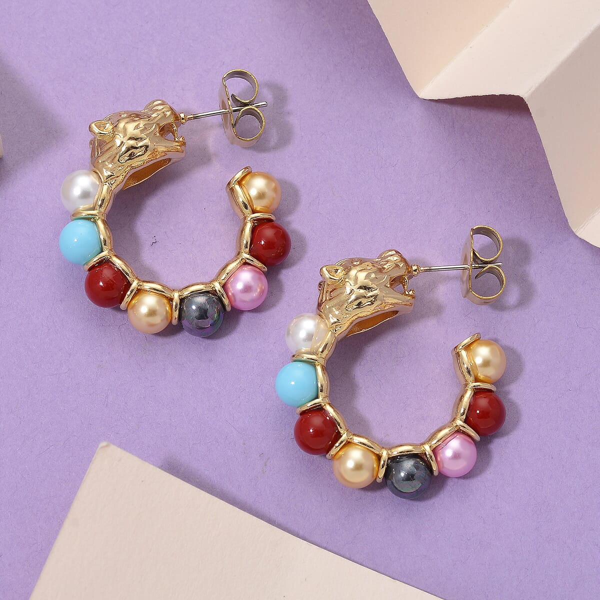 Multi Color Shell Pearl Half Hoop Earrings with Leopard Lock in Goldtone image number 1