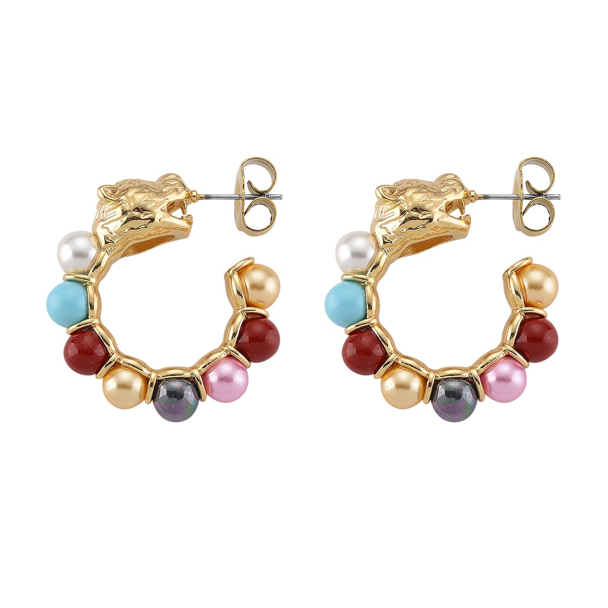 Multi Color Shell Pearl Half Hoop Earrings with Leopard Lock in Goldtone image number 3