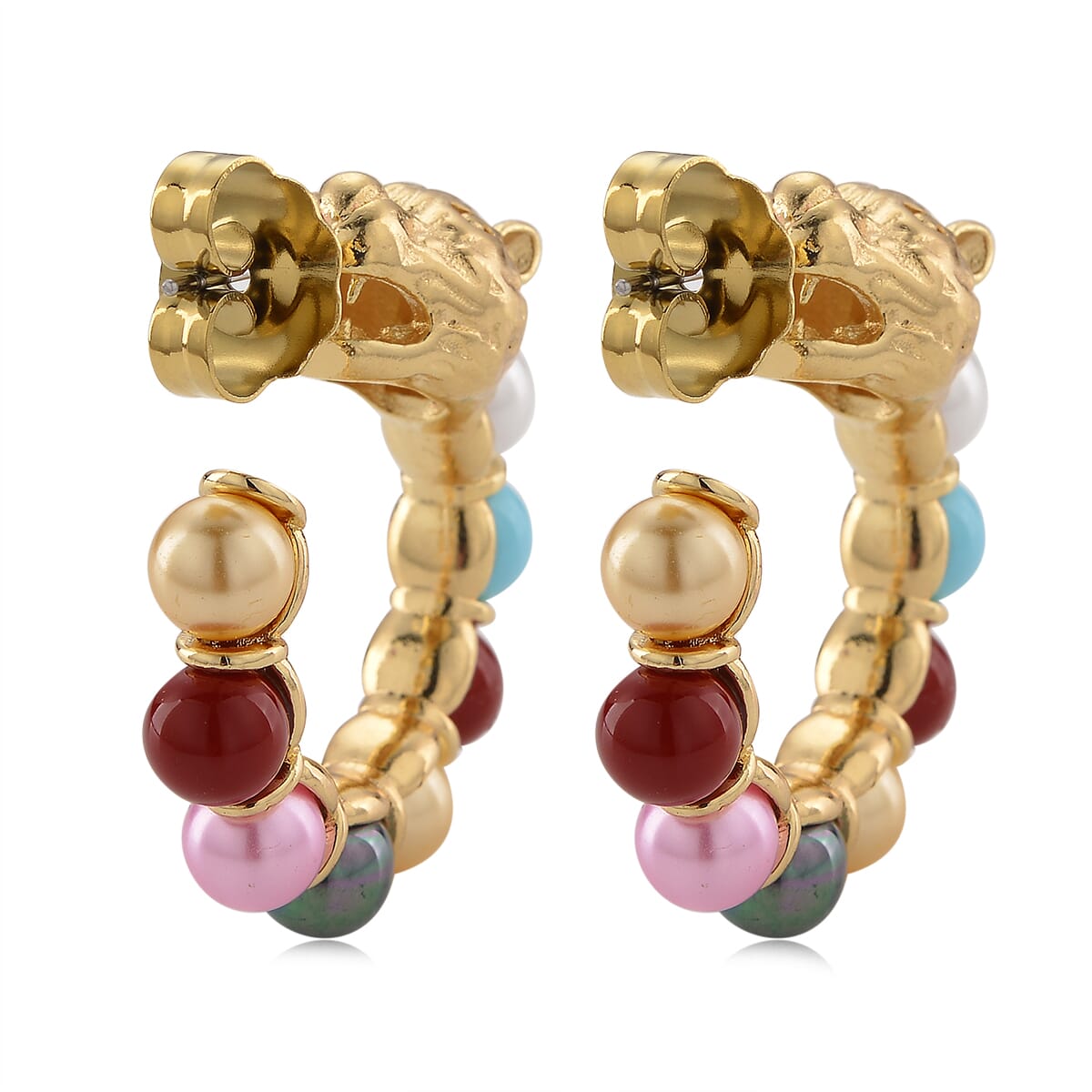Multi Color Shell Pearl Half Hoop Earrings with Leopard Lock in Goldtone image number 4