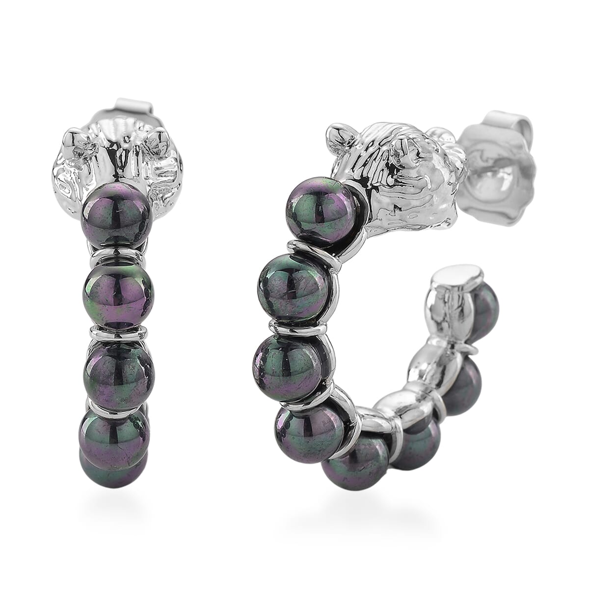 Peacock Color Shell Pearl Half Hoop Earrings with Leopard Lock in Silvertone image number 0