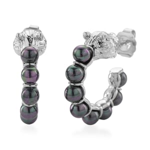 Peacock Color Shell Pearl Half Hoop Earrings with Leopard Lock in Silvertone