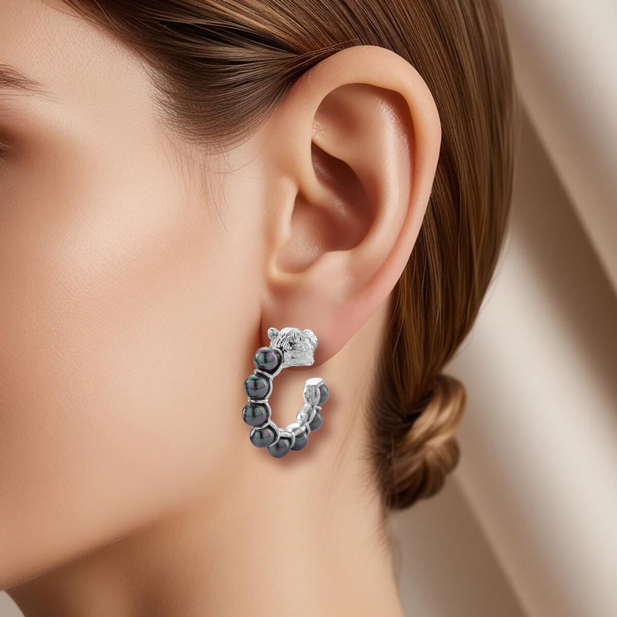 Peacock Color Shell Pearl Half Hoop Earrings with Leopard Lock in Silvertone image number 2