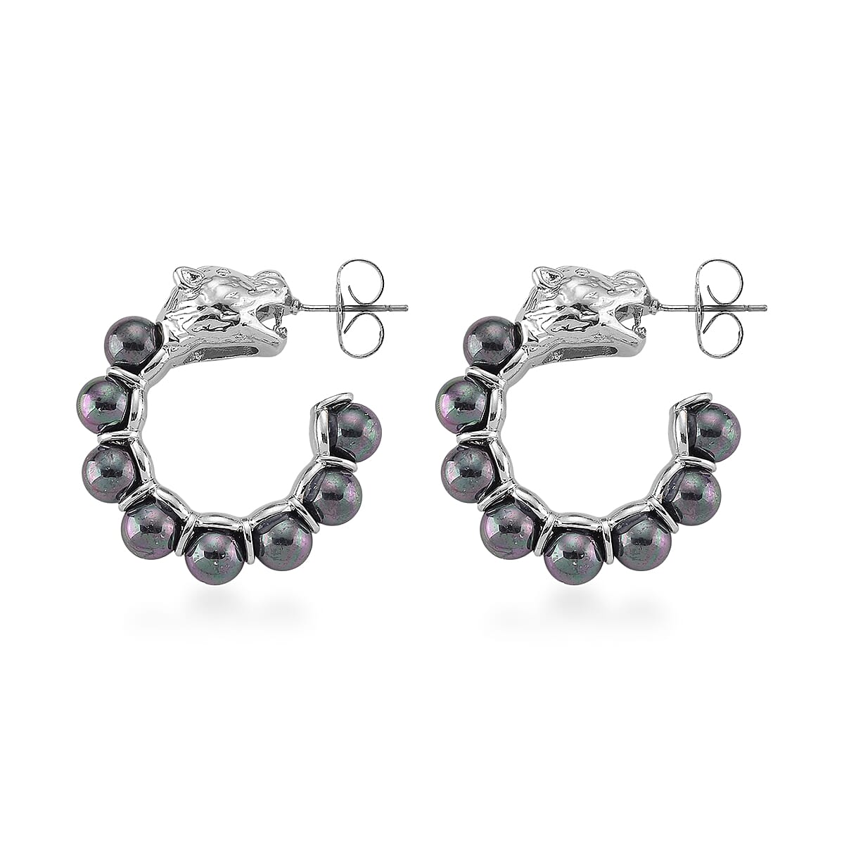 Peacock Color Shell Pearl Half Hoop Earrings with Leopard Lock in Silvertone image number 3