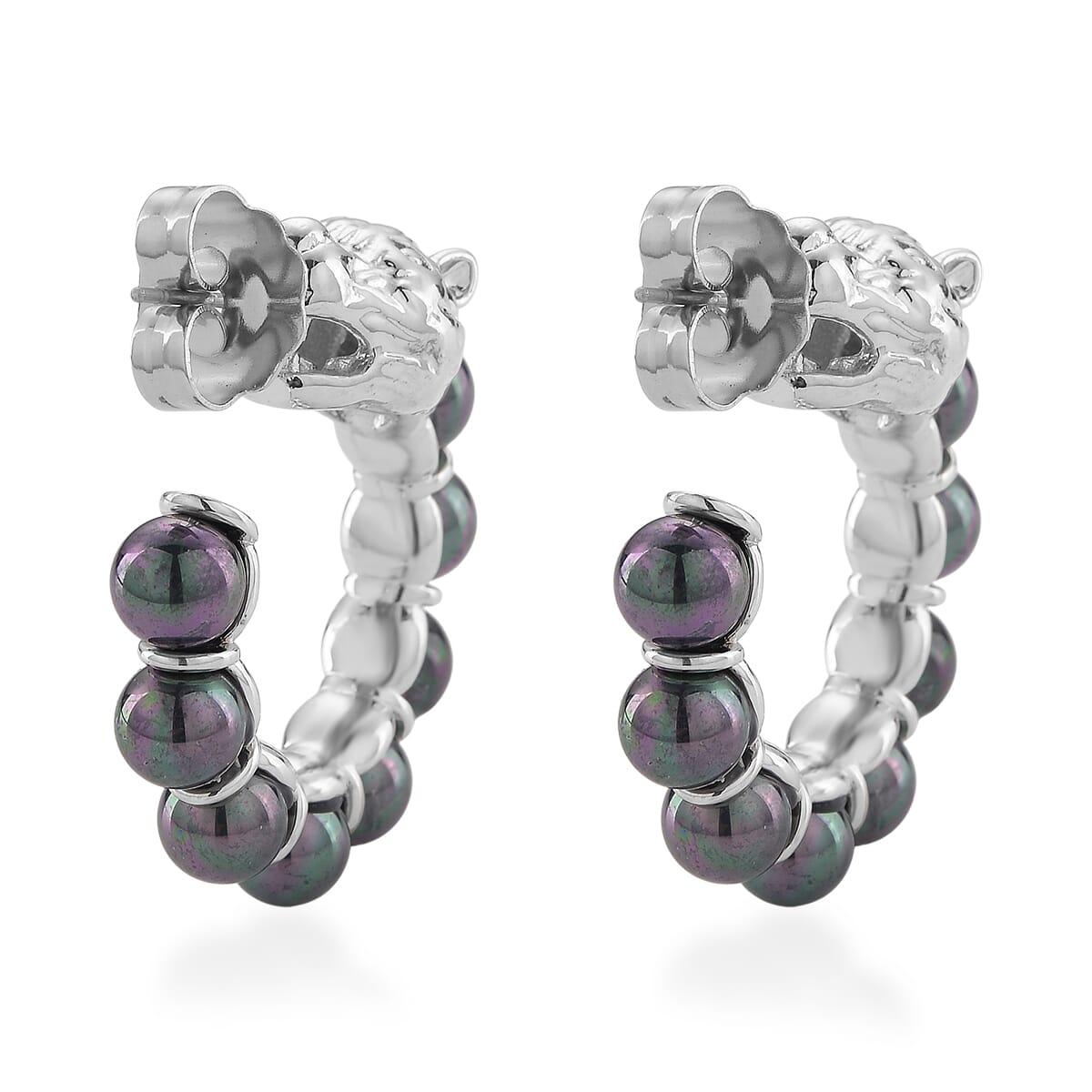 Peacock Color Shell Pearl Half Hoop Earrings with Leopard Lock in Silvertone image number 3