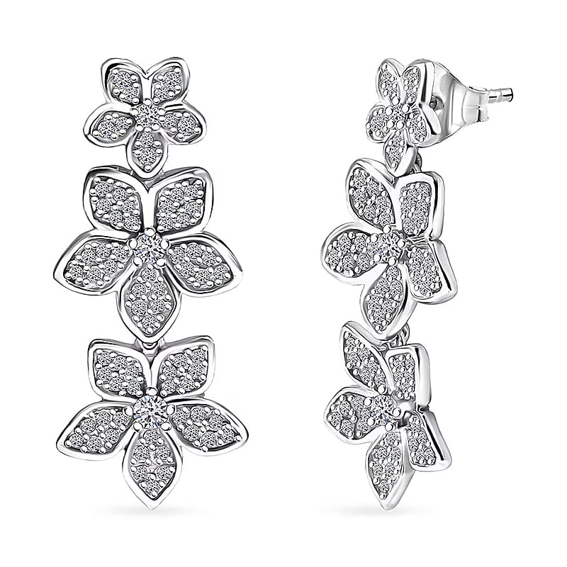 Luxuriant Lab Grown Diamond G-H SI 1.00 ctw Dangling Floral Cascade Earrings in Rhodium Over Sterling Silver