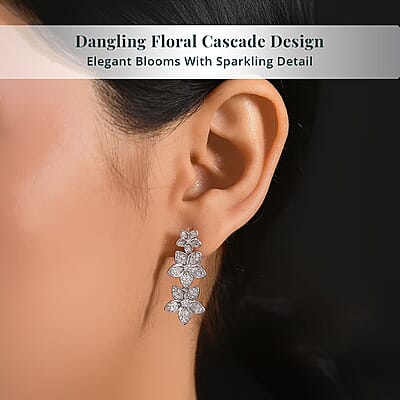 Luxuriant Lab Grown Diamond G-H SI 1.00 ctw Dangling Floral Cascade Earrings in Rhodium Over Sterling Silver