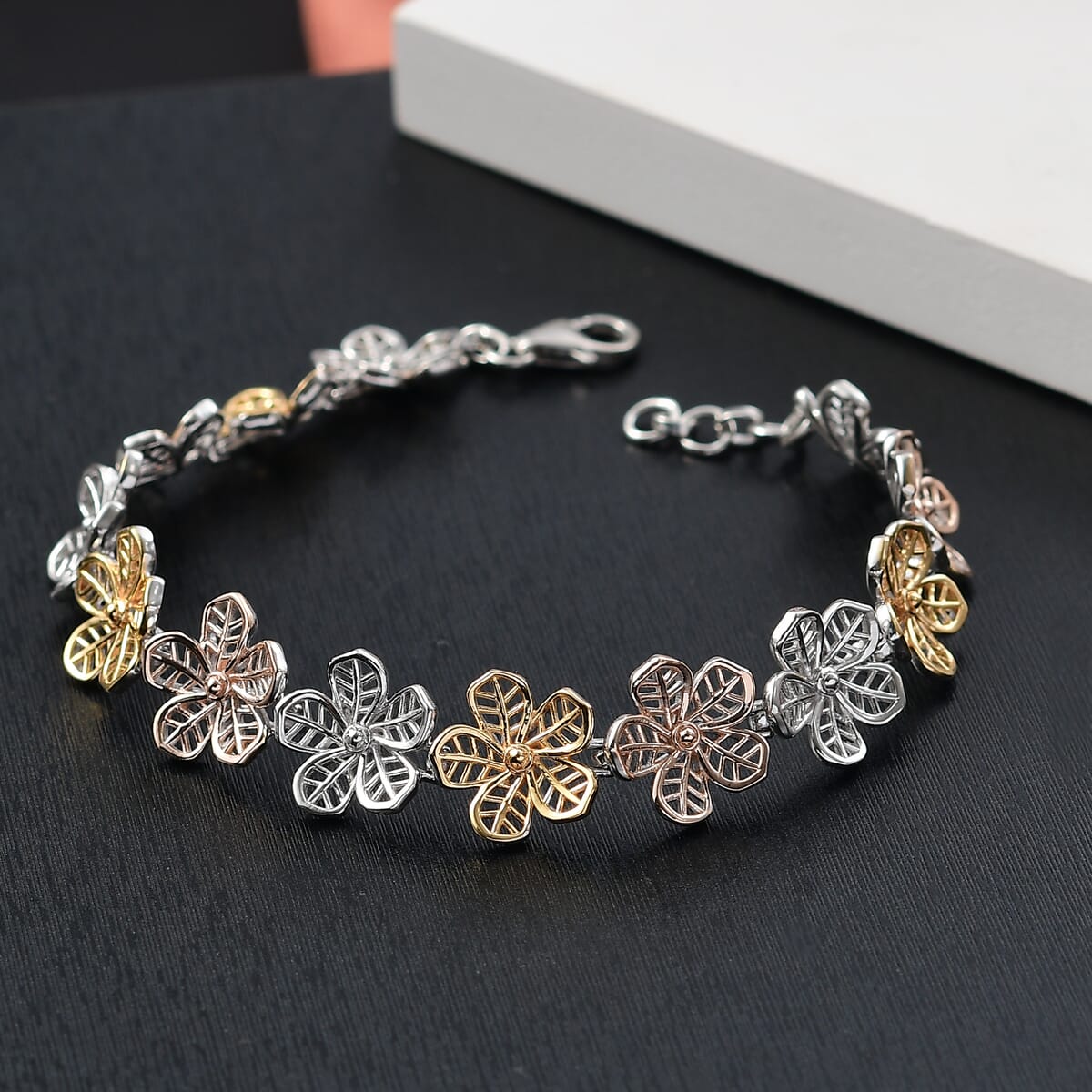 Epic Deal D'Joy 18K Vermeil YRG and Rhodium Over Sterling Silver Floral Bracelet (6.50 In) (11.50 g) image number 1