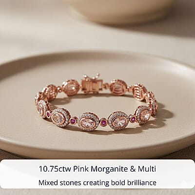 D'Joy Pink Morganite and Multi Gemstone 10.75 ctw Floral Serenity Bracelet in 18K Vermeil Rose Gold Over Sterling Silver (7.25 In)