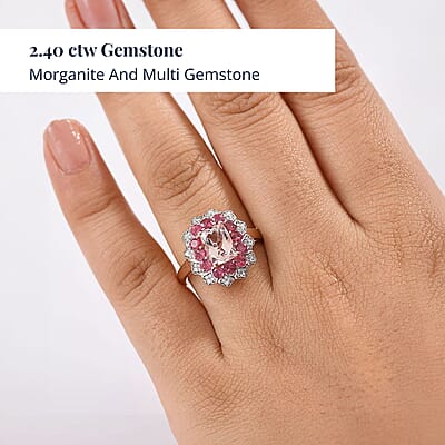 D'Joy Premium Pink Morganite and Multi Gemstone 2.40 ctw Timeless Bloom Ring in 18K Vermeil Rose Gold Over Sterling Silver (Size 10.0)