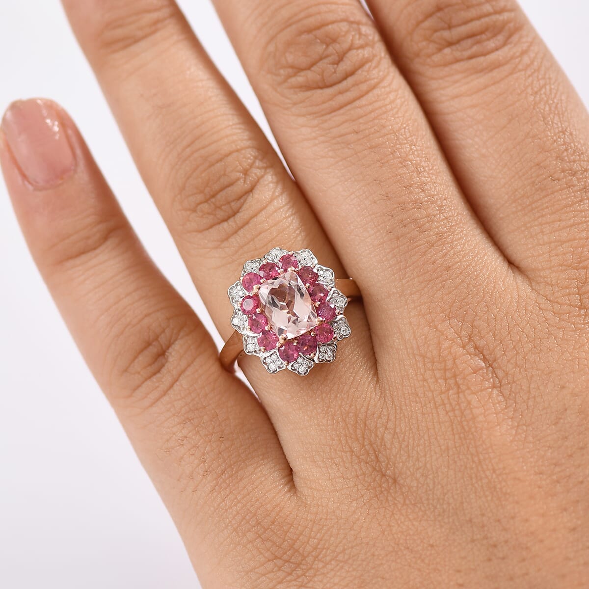 D'Joy Premium Pink Morganite and Multi Gemstone 2.40 ctw Timeless Bloom Ring in 18K Vermeil Rose Gold Over Sterling Silver (Size 10.0) image number 2