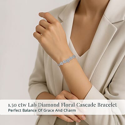 Luxuriant Lab Grown Diamond G-H SI 1.50 ctw Floral Cascade Bracelet in Rhodium Over Sterling Silver (7.25 In) 7 Grams