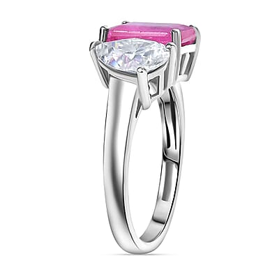 D'Joy Premium Ilakaka Hot Pink Sapphire (FF) and Moissanite 4.50 ctw Toi et Moi Ring in Rhodium Over Sterling Silver (Size 10.0)
