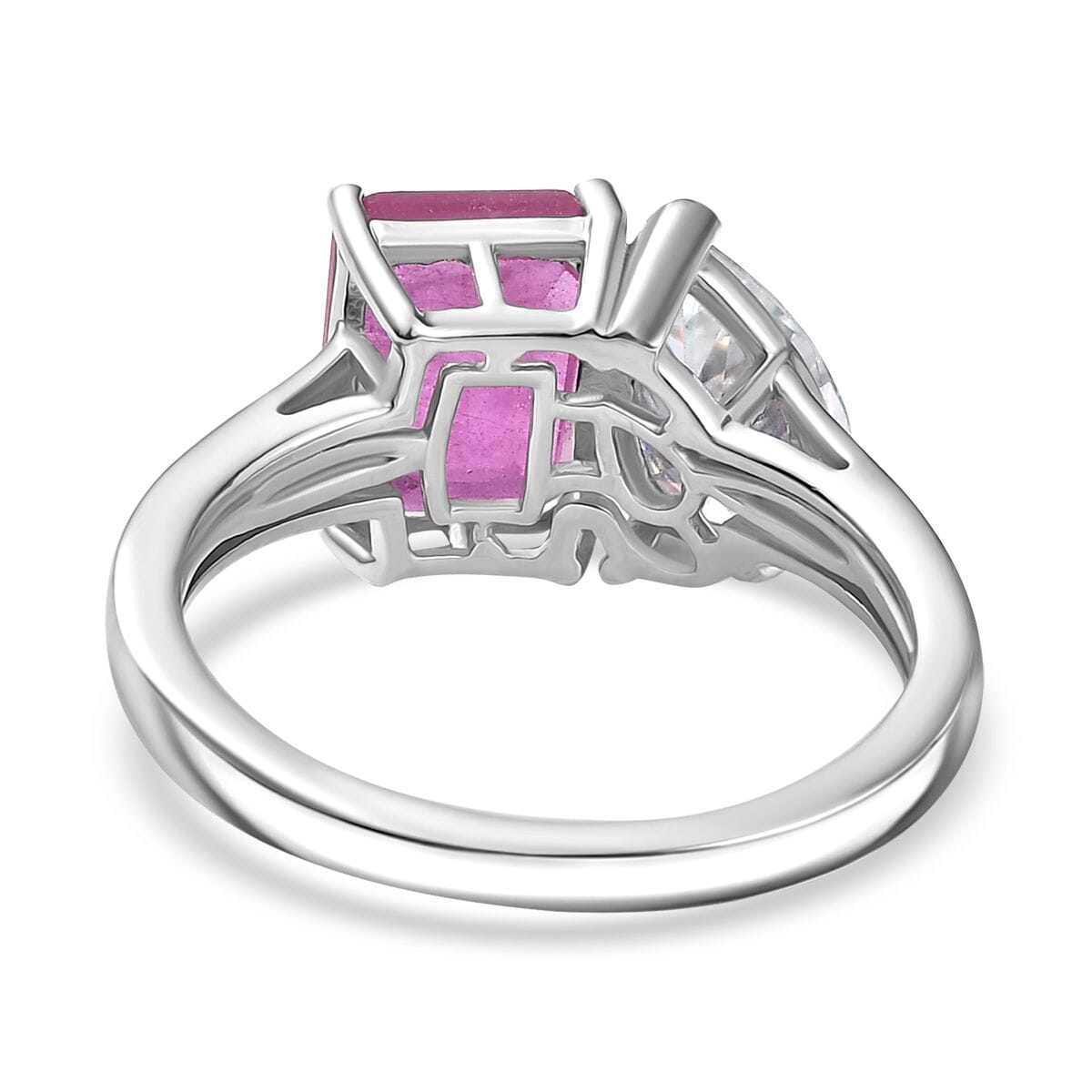 Premium Ilakaka Hot Pink Sapphire (FF), Moissanite Ring in Rhodium Over Sterling Silver (Size 10.0) 4.50 ctw image number 4