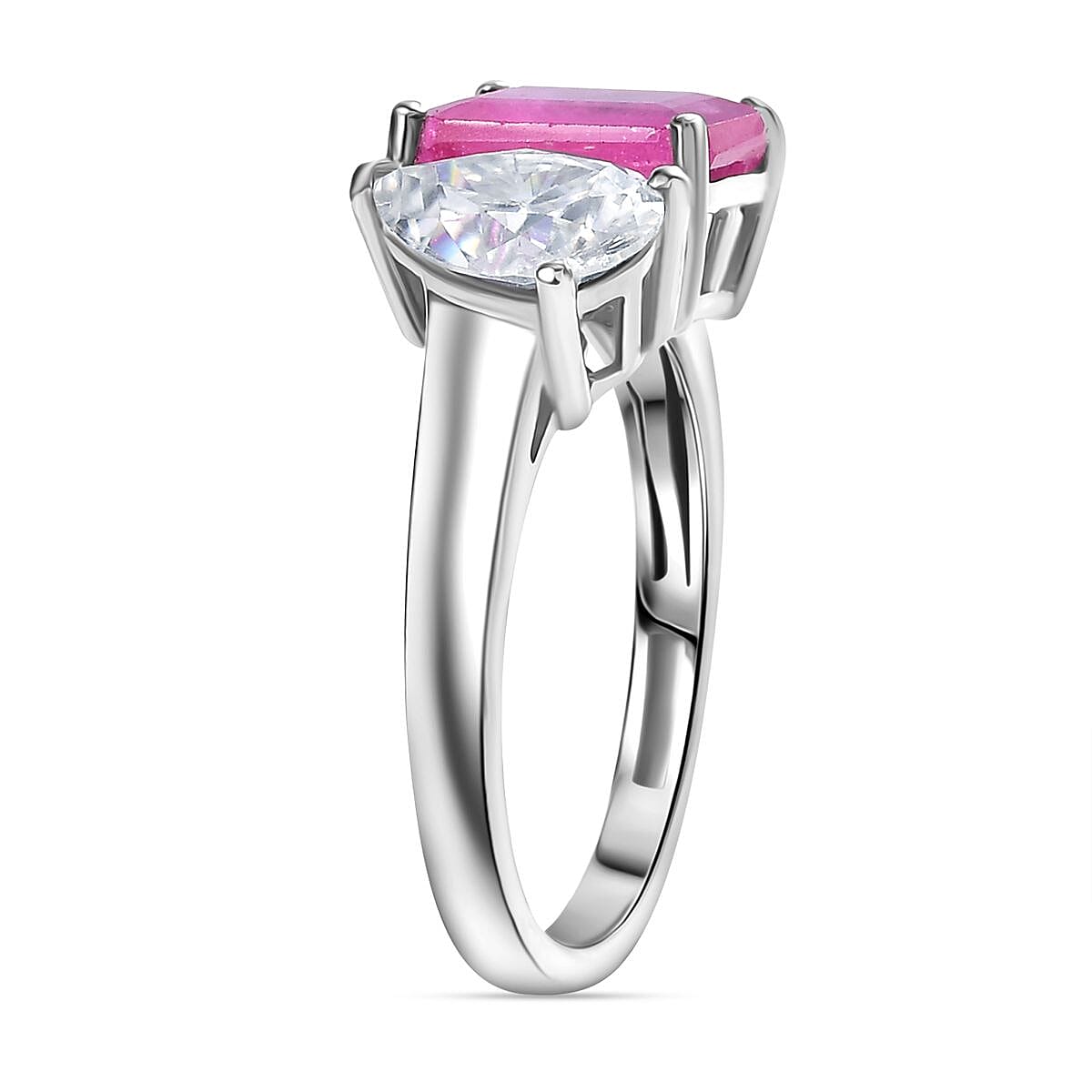D'Joy Premium Ilakaka Hot Pink Sapphire (FF) and Moissanite 4.50 ctw Toi et Moi Ring in Rhodium Over Sterling Silver (Size 8.0) image number 3