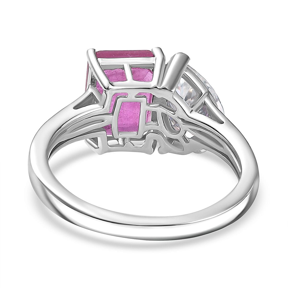 D'Joy Premium Ilakaka Hot Pink Sapphire (FF) and Moissanite 4.50 ctw Toi et Moi Ring in Rhodium Over Sterling Silver (Size 8.0) image number 4