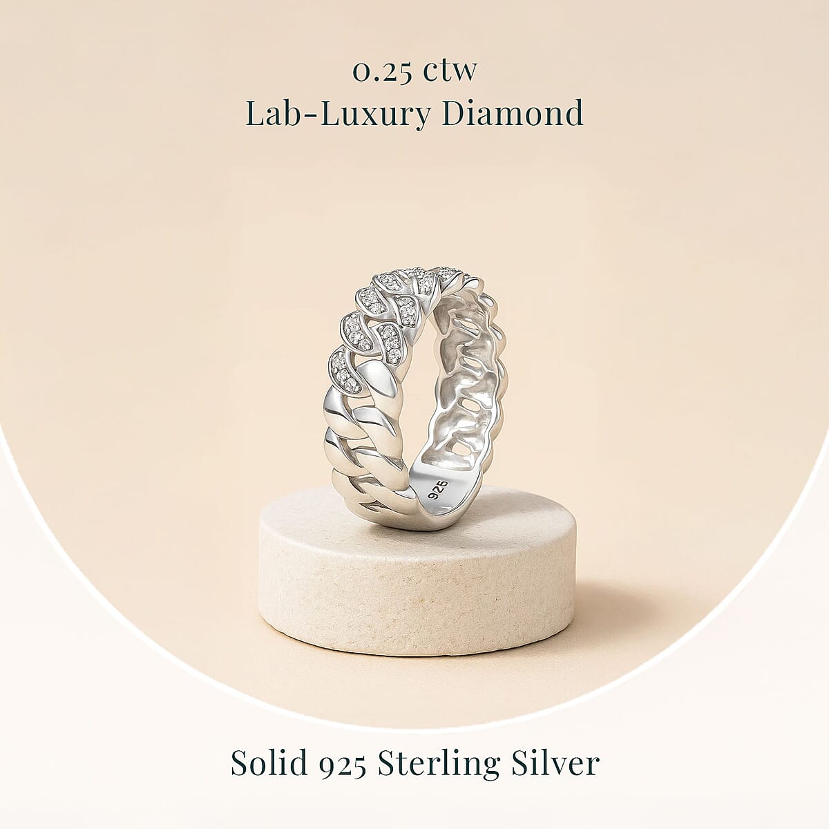 Luxuriant Lab Grown Diamond G-H SI 0.25 ctw Cuban Link Chain Ring in Rhodium Over Sterling Silver (Size 5.0) image number 2