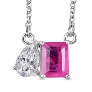 D'Joy Premium Ilakaka Hot Pink Sapphire (FF) and Moissanite 3.40 ctw Toi et Moi Pendant Necklace in Rhodium Over Sterling Silver 20 Inches