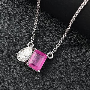 D'Joy Premium Ilakaka Hot Pink Sapphire (FF) and Moissanite 3.40 ctw Toi et Moi Pendant Necklace in Rhodium Over Sterling Silver 20 Inches