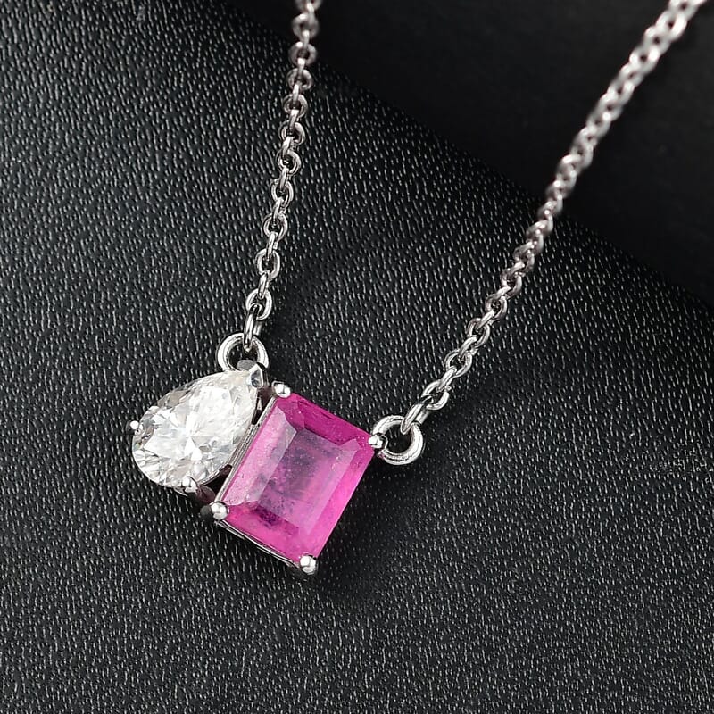 D'Joy Premium Ilakaka Hot Pink Sapphire (FF) and Moissanite 3.40 ctw Toi et Moi Pendant Necklace in Rhodium Over Sterling Silver 20 Inches