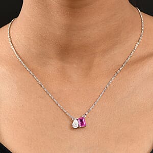D'Joy Premium Ilakaka Hot Pink Sapphire (FF) and Moissanite 3.40 ctw Toi et Moi Pendant Necklace in Rhodium Over Sterling Silver 20 Inches