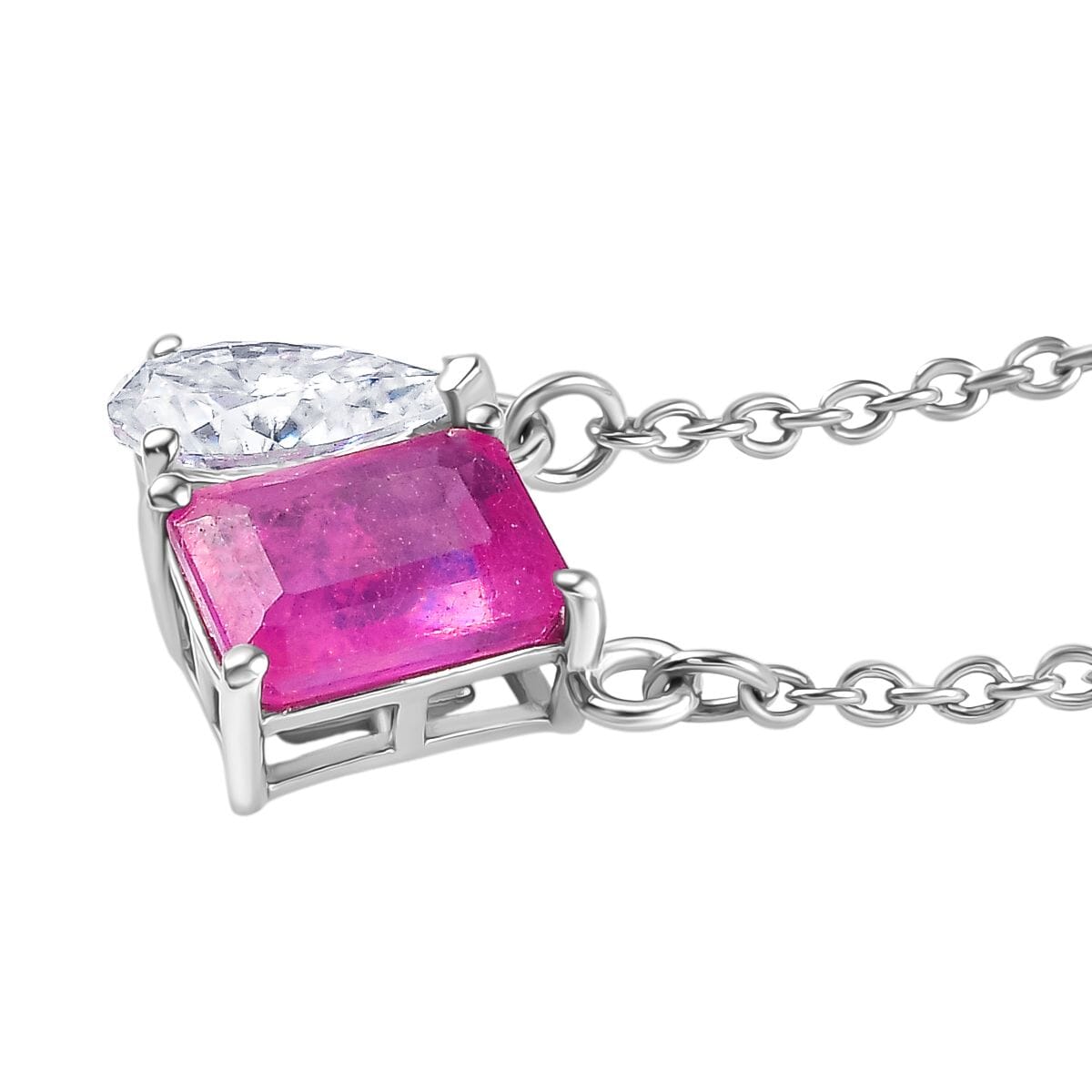 D'Joy Premium Ilakaka Hot Pink Sapphire (FF) and Moissanite 3.40 ctw Toi et Moi Pendant Necklace in Rhodium Over Sterling Silver 20 Inches image number 3