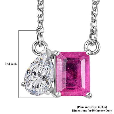 D'Joy Premium Ilakaka Hot Pink Sapphire (FF) and Moissanite 3.40 ctw Toi et Moi Pendant Necklace in Rhodium Over Sterling Silver 20 Inches