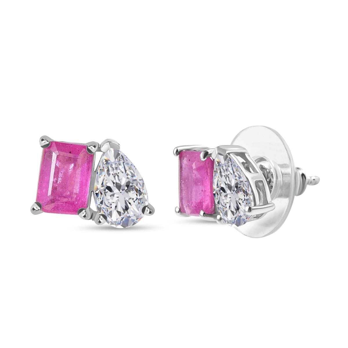D'Joy Premium Ilakaka Hot Pink Sapphire (FF) and Moissanite 4.15 ctw Toi et Moi Earrings in Rhodium Over Sterling Silver image number 0