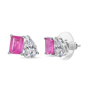 D'Joy Premium Ilakaka Hot Pink Sapphire (FF) and Moissanite 4.15 ctw Toi et Moi Earrings in Rhodium Over Sterling Silver