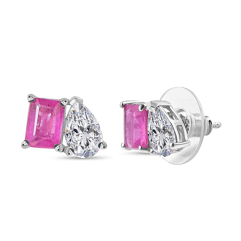 D'Joy Premium Ilakaka Hot Pink Sapphire (FF) and Moissanite 4.15 ctw Toi et Moi Earrings in Rhodium Over Sterling Silver