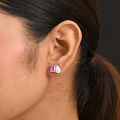 D'Joy Premium Ilakaka Hot Pink Sapphire (FF) and Moissanite 4.15 ctw Toi et Moi Earrings in Rhodium Over Sterling Silver