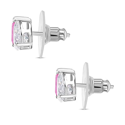 D'Joy Premium Ilakaka Hot Pink Sapphire (FF) and Moissanite 4.15 ctw Toi et Moi Earrings in Rhodium Over Sterling Silver