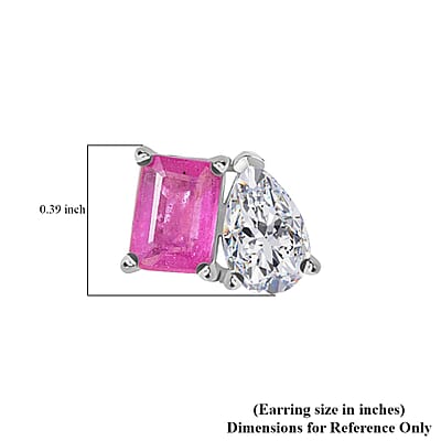 D'Joy Premium Ilakaka Hot Pink Sapphire (FF) and Moissanite 4.15 ctw Toi et Moi Earrings in Rhodium Over Sterling Silver