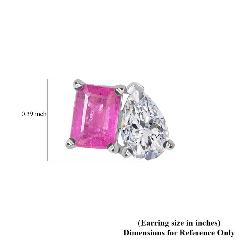 D'Joy Premium Ilakaka Hot Pink Sapphire (FF) and Moissanite 4.15 ctw Toi et Moi Earrings in Rhodium Over Sterling Silver