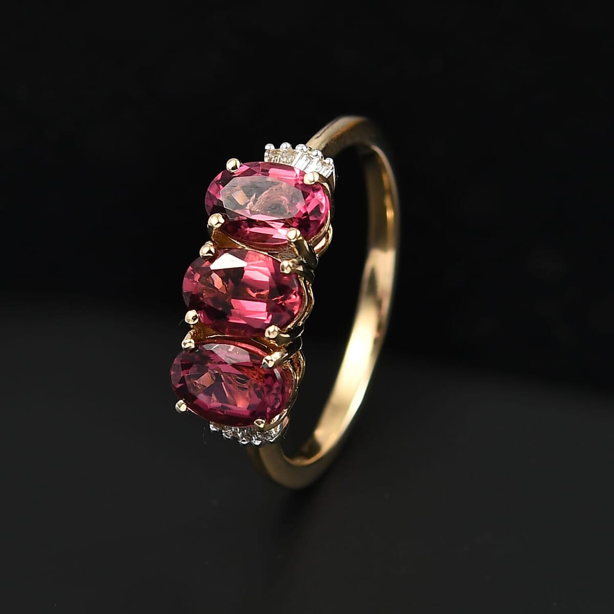 Luxoro AAA Ouro Fino Rubellite and G-H SI Diamond 2.00 ctw Trilogy Ring in 14K Yellow Gold (Size 10.0) image number 1
